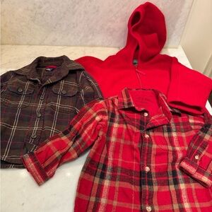 L.L. Bean Red Fleece ❤️ and 2 Plaid Kids Flannel Button Down Shirts 12-18 mo.